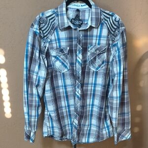 Roar Designed For Buckle Men's Gray and Blue Plaid Western Shirt Size XL